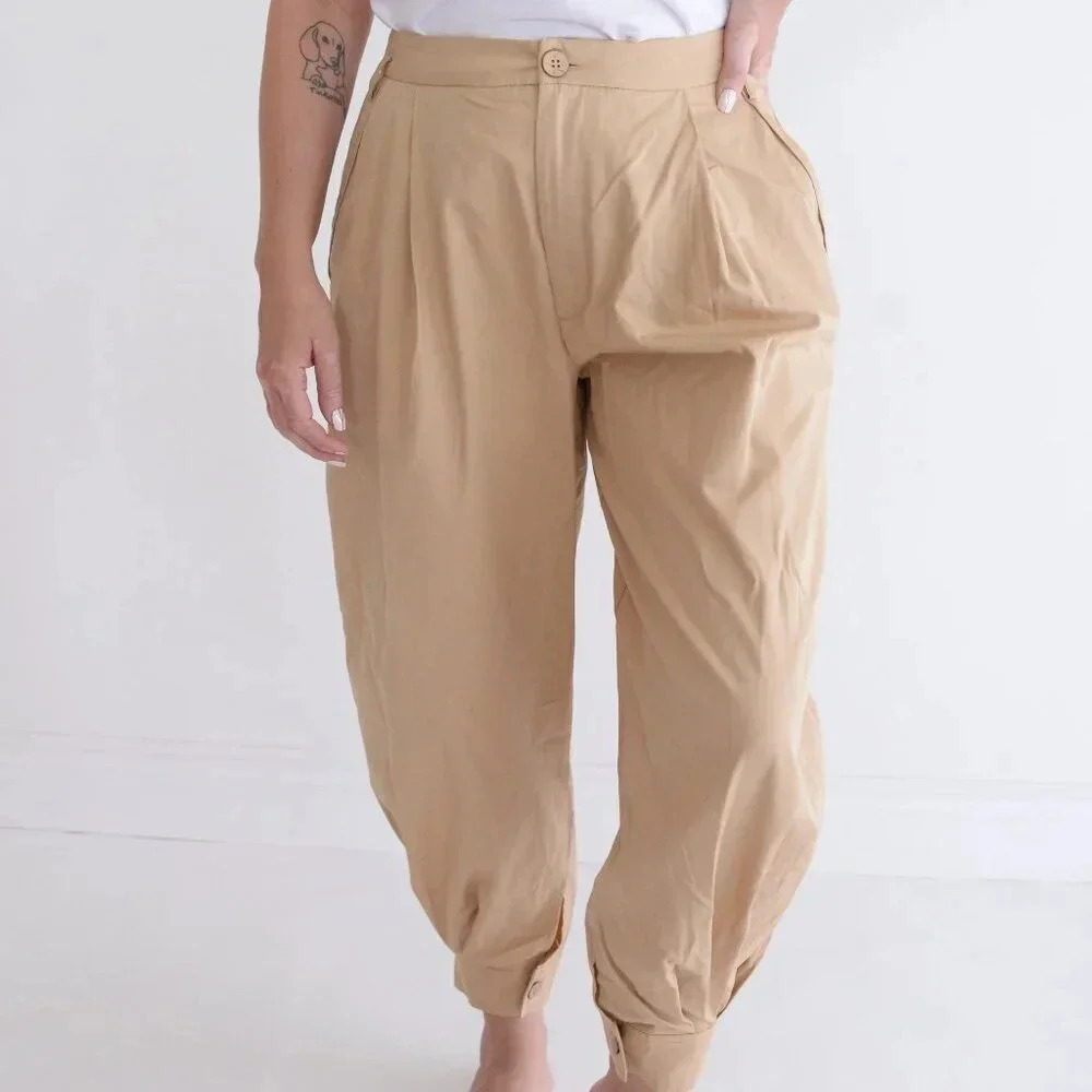 Free People Beige 100% Cotton Balloon  Palazzo Baggy Pleated Crop Pants 6 - Picture 2 of 12